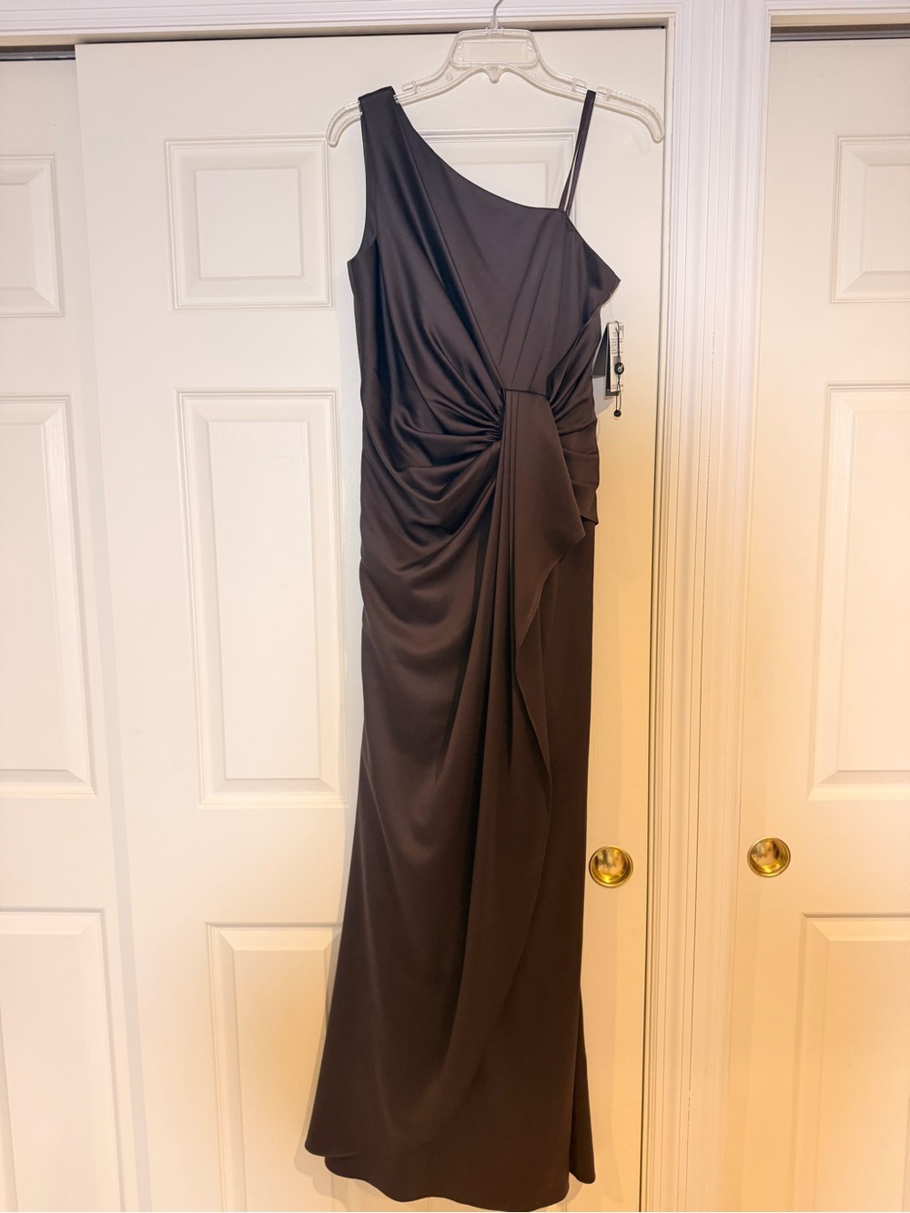 Adrianna Papell One-Shoulder Brown Evening Gown with Draped Knot